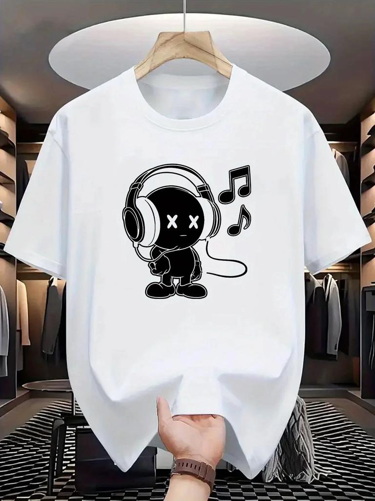 Summer Men's 100_ Cotton Casual Loose Fit Plus Size Music Themed Printed Comfortable Sports Round Neck Short Sleeved T-shirt Top