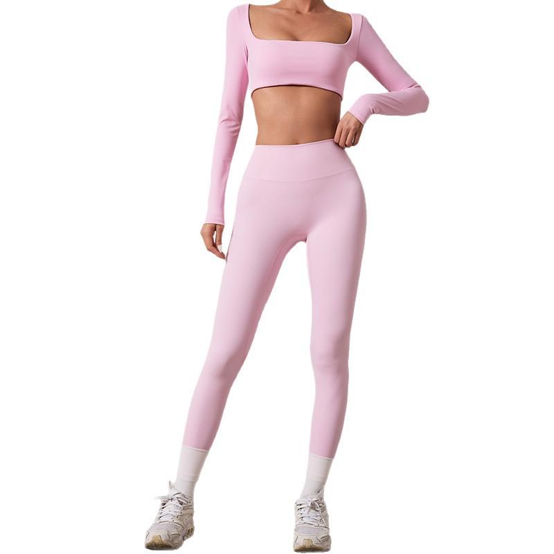 European & American Dance Yoga Wear: Sexy Square Neck Long Sleeve Top & High Waist Hip-Lifting Pants Set