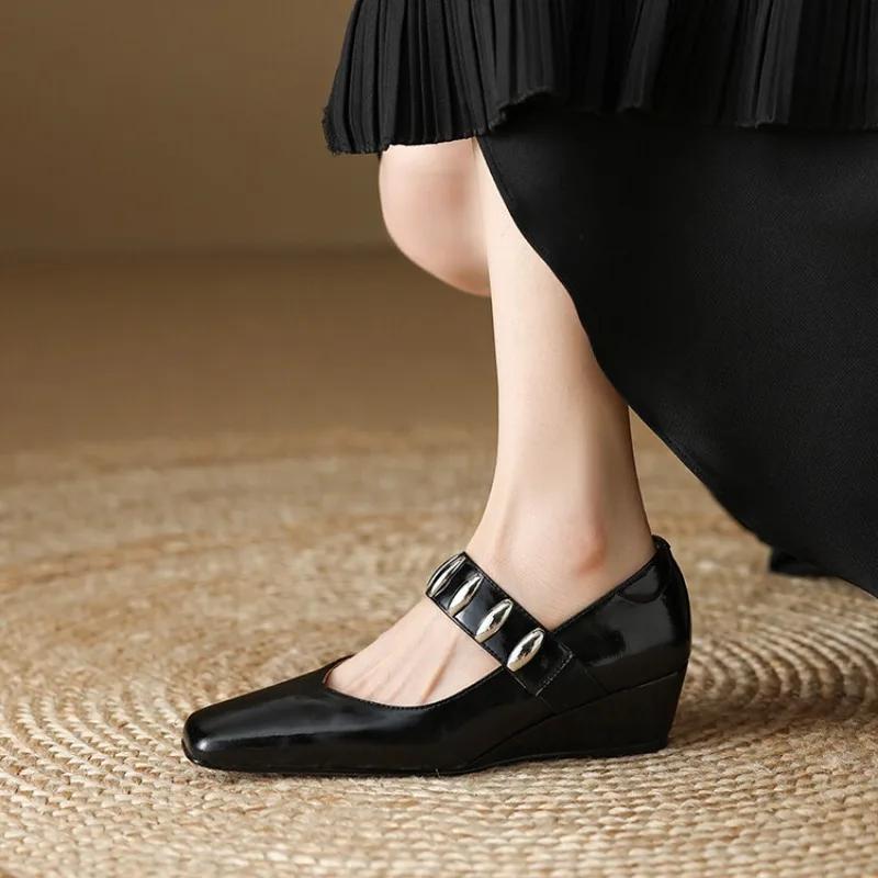 Fashion Cowhide Black Silver Metal Decorative Wedge Heel High-heeled Shoes Spring Autumn Fashion Commute Ballet Soft Flat Single Shoes
