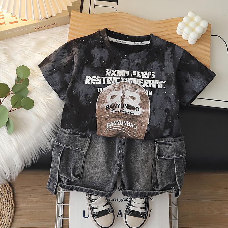 

Summer boys short sleeved set 0-5 year old Children s round neck letter printed T-shirt+casual denim shorts two-piece set XXL чорний