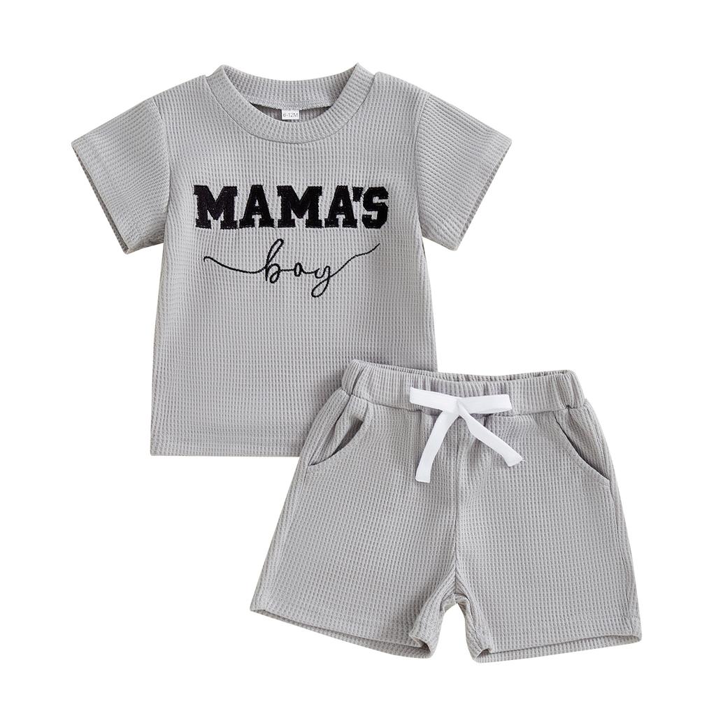 Toddler Boys Summer Outfits Letter Embroidered Waffle Short Sleeve T-Shirts Elastic Waist Shorts 2Pcs Clothes Set