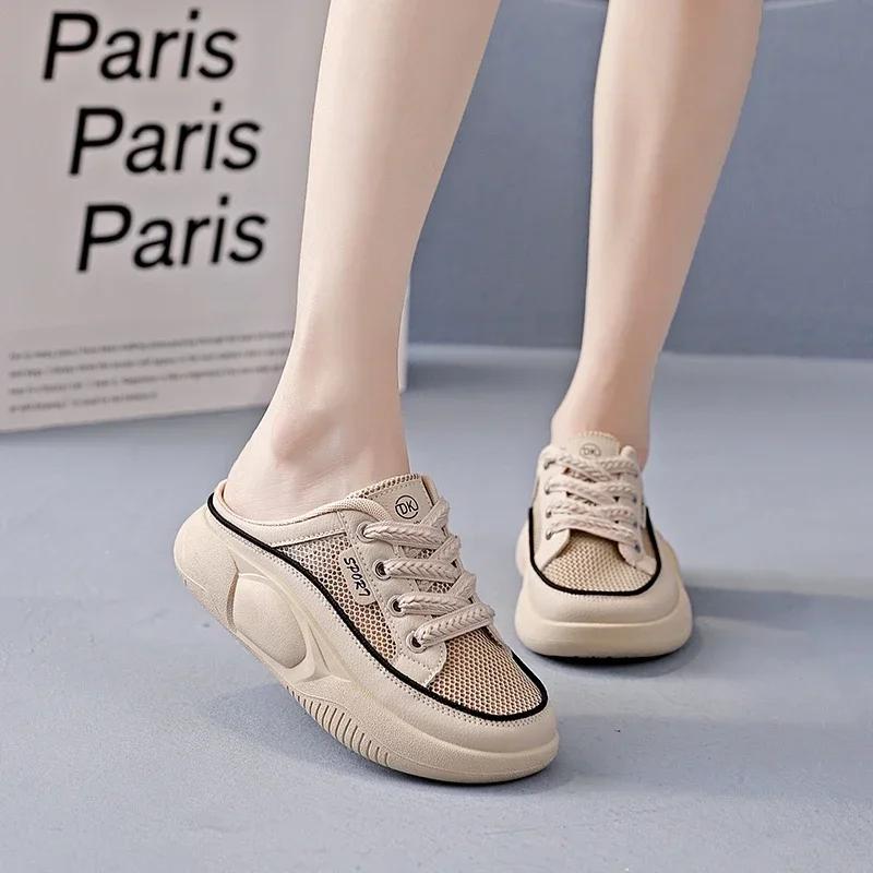 Fashion New Women's Shoes 2024 Fashionable Mesh Breathable Women's Slippers Color Matching Lace-up Toe-toe Mid-heel Women's Slippers