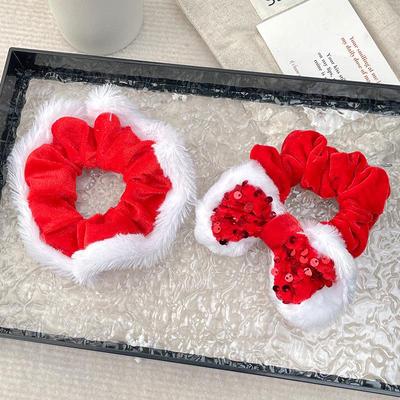 Damen Rote Schleife Plüsch Scrunchie Haargummi - Weihnachten Kopfschmuck & Accessoires