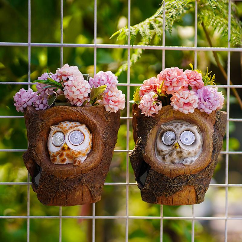 Creative Wall Hanging Flowerpot Cartoon Cute Owl Solar Light Ornament Garden Fence Flowerpot Garden Decoration