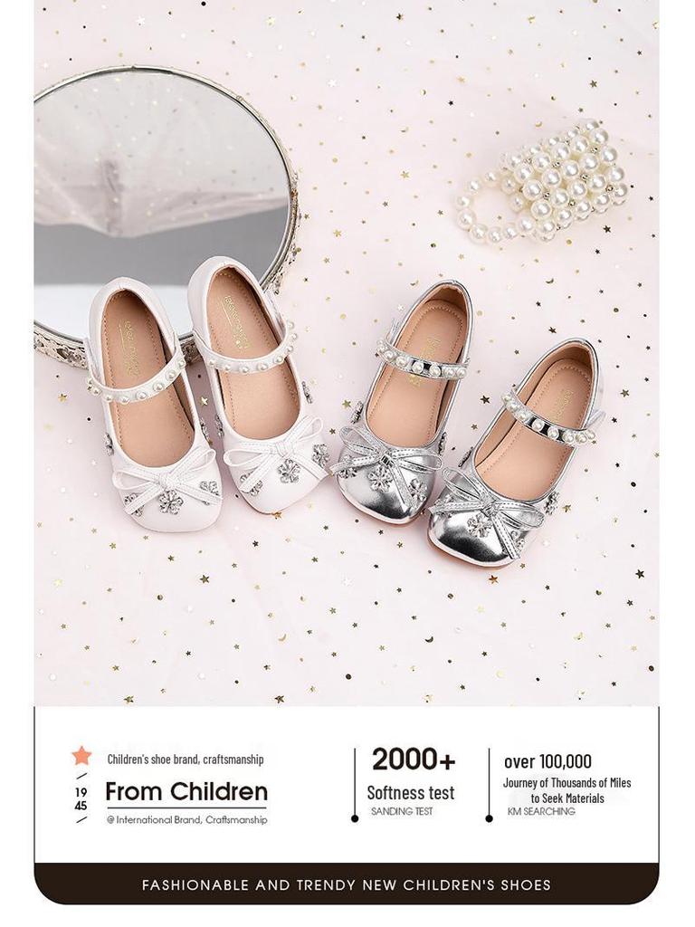 2026 New Girls' Leather Shoes, Korean Style with Soft Sole and Bow, Perfect for Princess and Performance Wear.