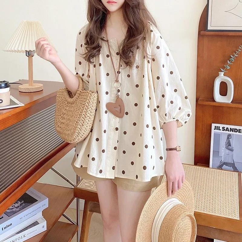 Womens Polka Dot V Neck Lantern Sleeve Loose Blouse M коричневый