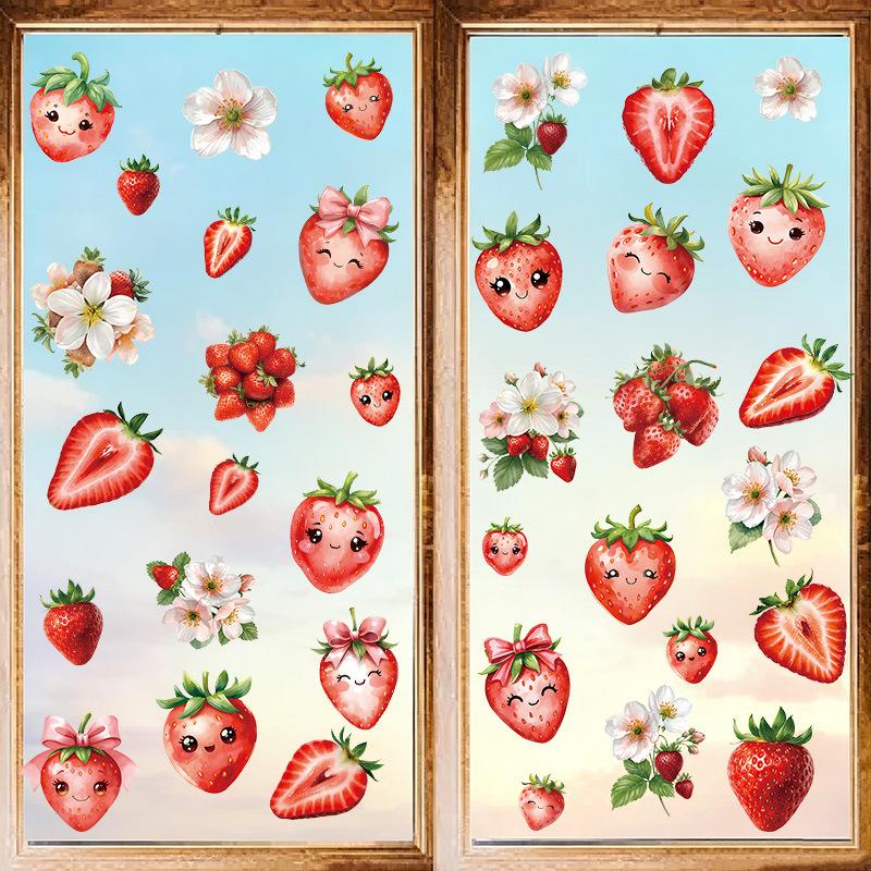 Kleiner frischer Erdbeer-Cartoon-Wandaufkleber Sommerfruchtblume Selbstklebender PVC-Aufkleber Küchen-Wohnzimmer-Wanddekoration