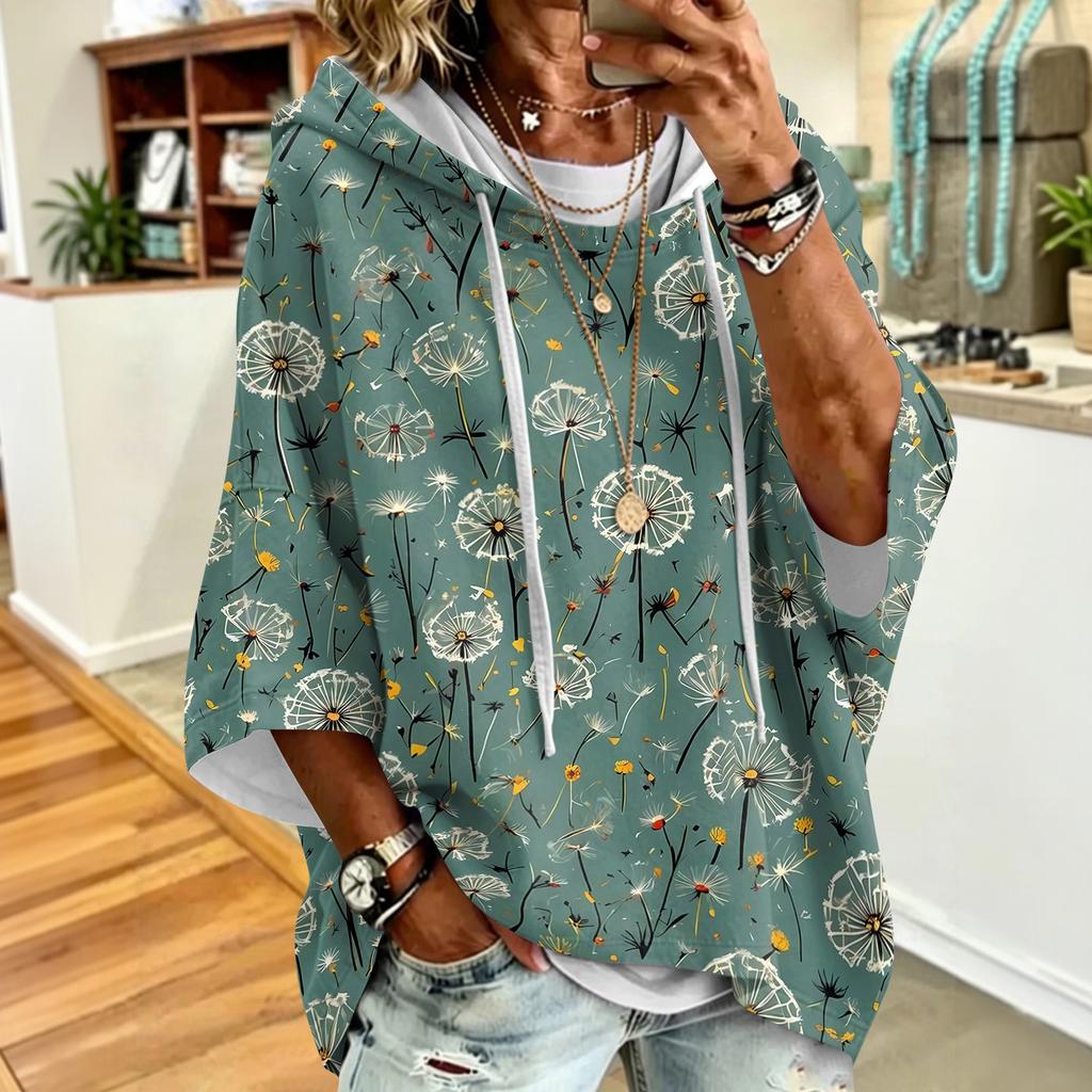 Women's Drawstring Hoodie Retro Floral Print Loose Fit Casual Sweatshirt