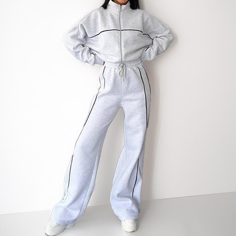 Women's Striped Color Block Zip Up Jacket and Drawstring Wide Leg Pants Casual Loungewear Set