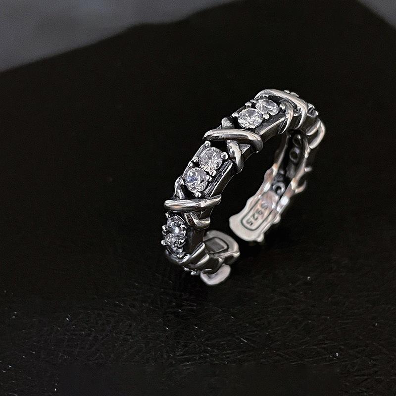 

S925 Silver Sterling Vintage Color Zircon Cross Ring For Women Elegant Design Minimalist