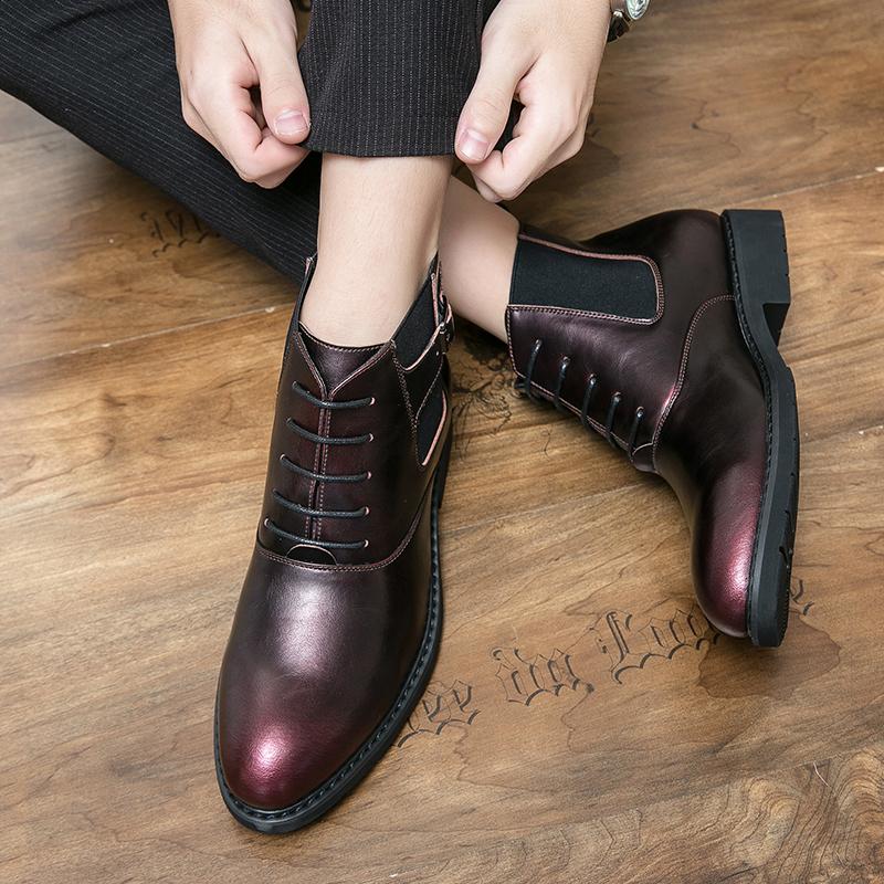 Fashion Winter Fur Men Fashion Black Leather Boots Red Chelsea Men Boots Pointed Toe Low Heel Casual Classic Men Boots and Luxury Shoes