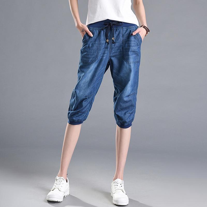 Jeans Tencel a Vita Elastica Pantaloni da Donna Larghi Taglia Grande Pantaloni Casual Corti da Donna Pantaloncini Estivi Sottili