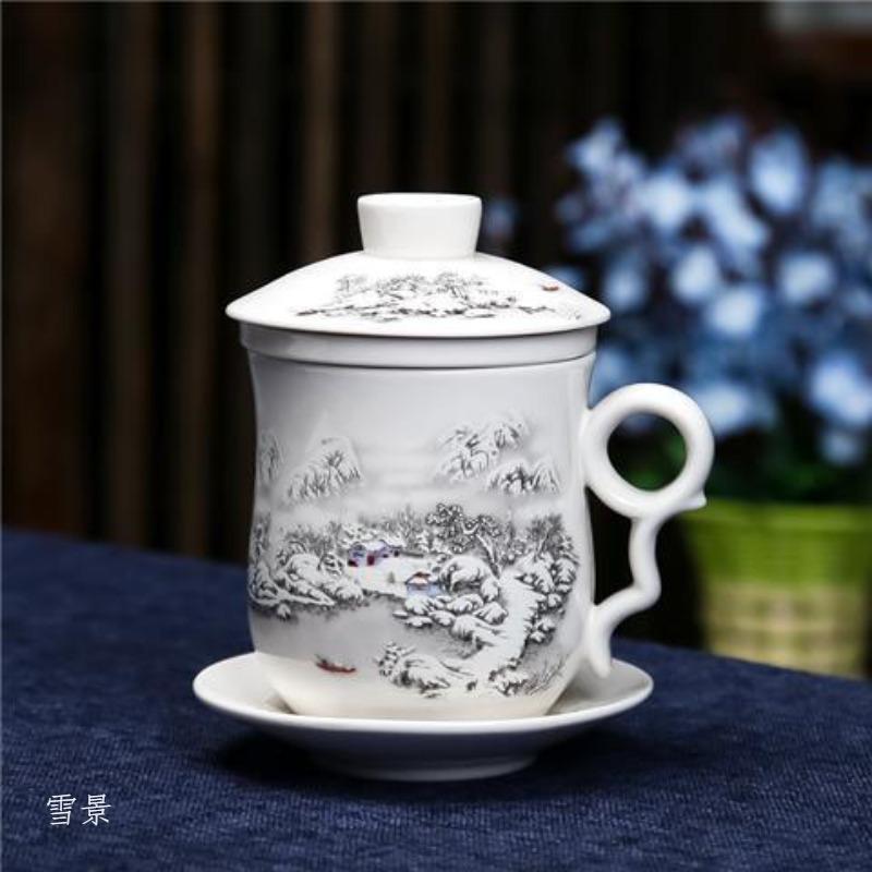 4-teiliges Teetassen-Set Persönliche Teetasse Keramik mit innerem Filter und Deckel Wasserbecher Blau-Weißes Porzellan Büro Konferenzbecher