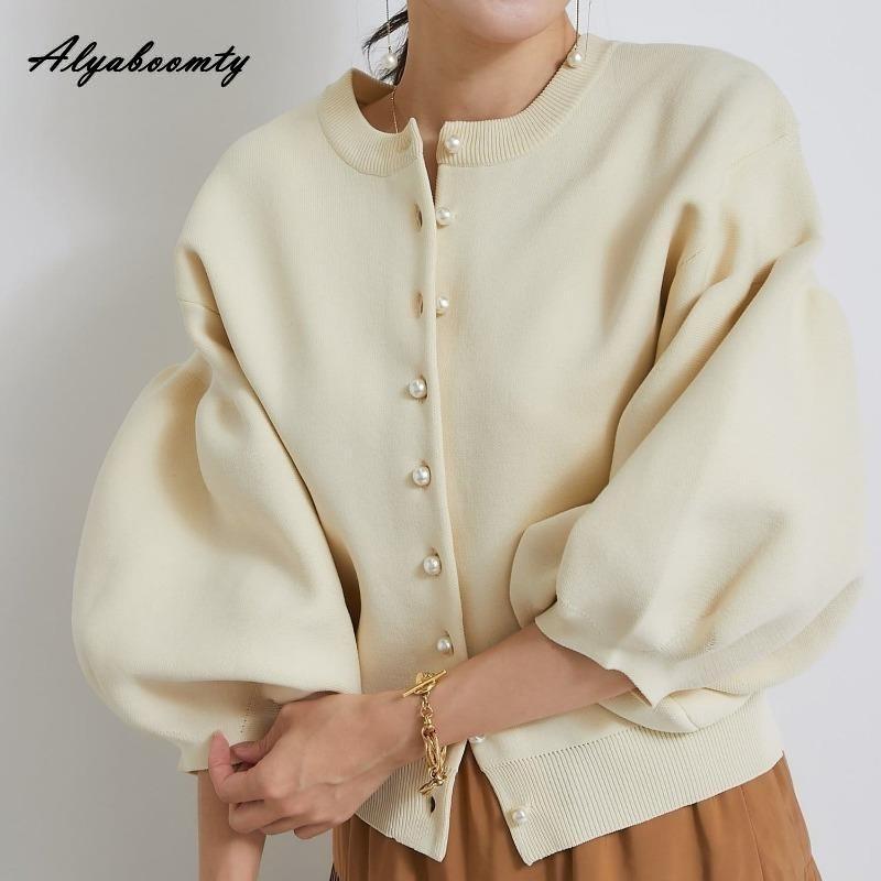 Korean Ulzzang Autumn Winter Women Sweater Blue Pink Black Apricot Knitting Cardigan Knitted Lantern Sleeve Stylish Outerwear