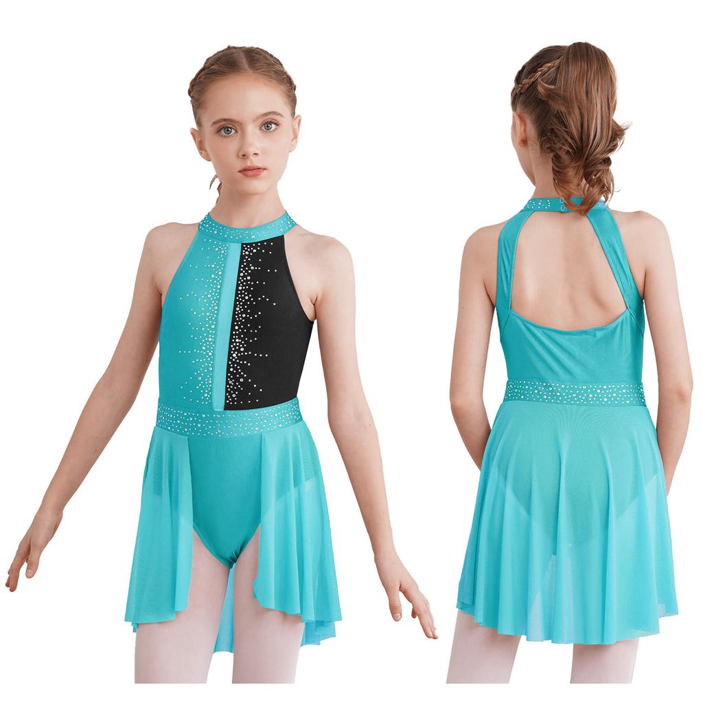 Kids Girls Sleeveless Shiny Rhinestone Decor Backless Leotard Dress for Lyrical Contemporary Dance