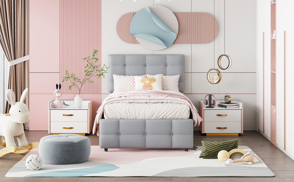 Upholstered Bed 90 X 200 Cm, Pull-out Children's Bed, Adjustable Headboard, Skin-friendly Linen Upholstery, Flat Single Bed Youth Bed Guest Bed (Grey)