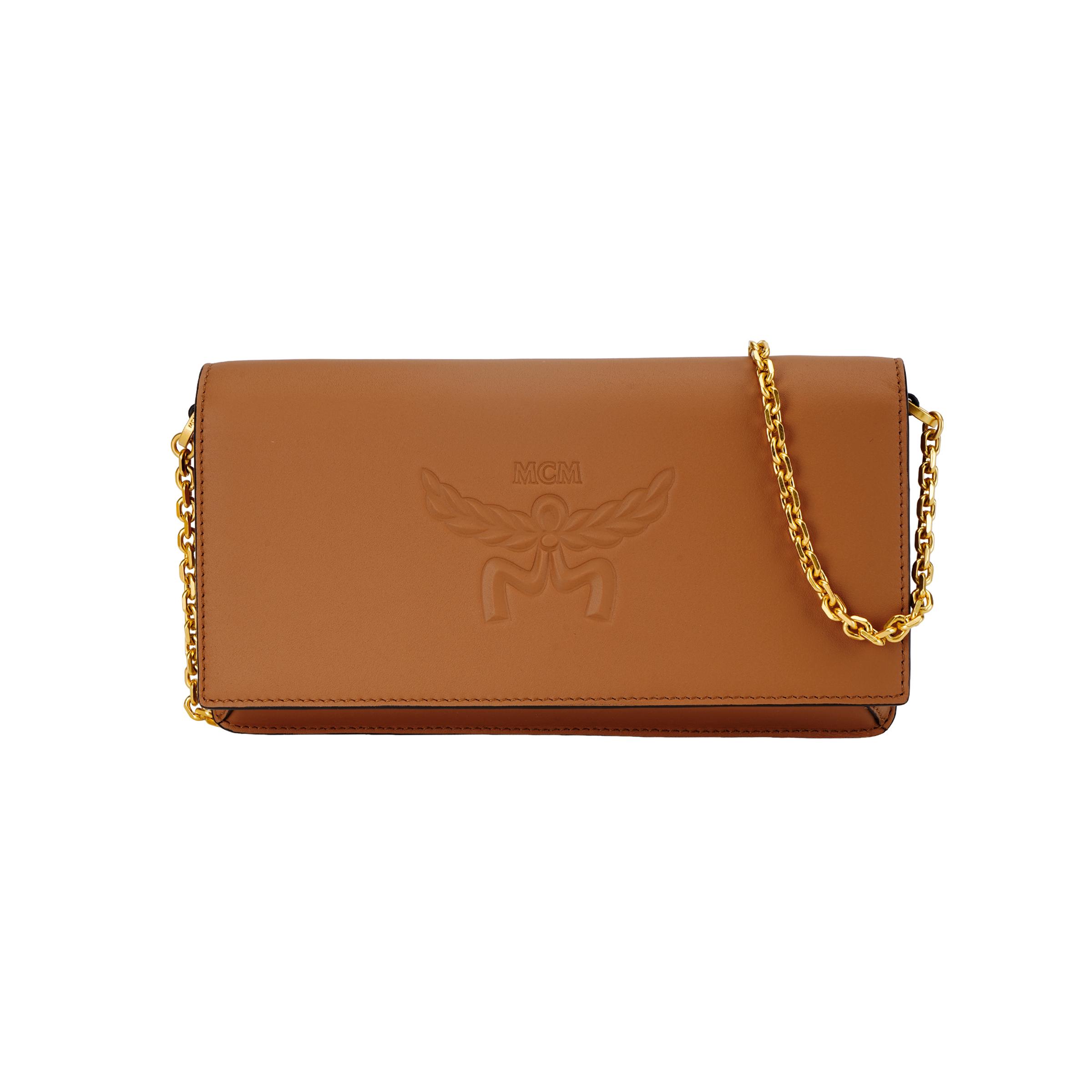 

MCM Cognac Leather Chain Wallet Crossbody Bag with Gold Hardware for Daily Use Basic Set (Bag+Dust Bag)