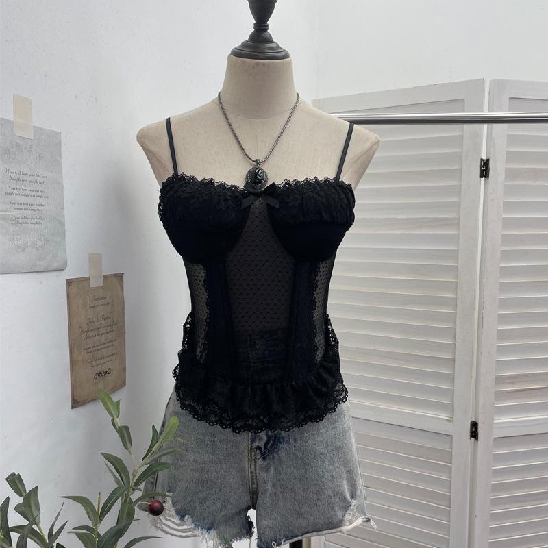 Sheer Lace Trim Camisole with Chest Pads and Slim-Fit Boning
