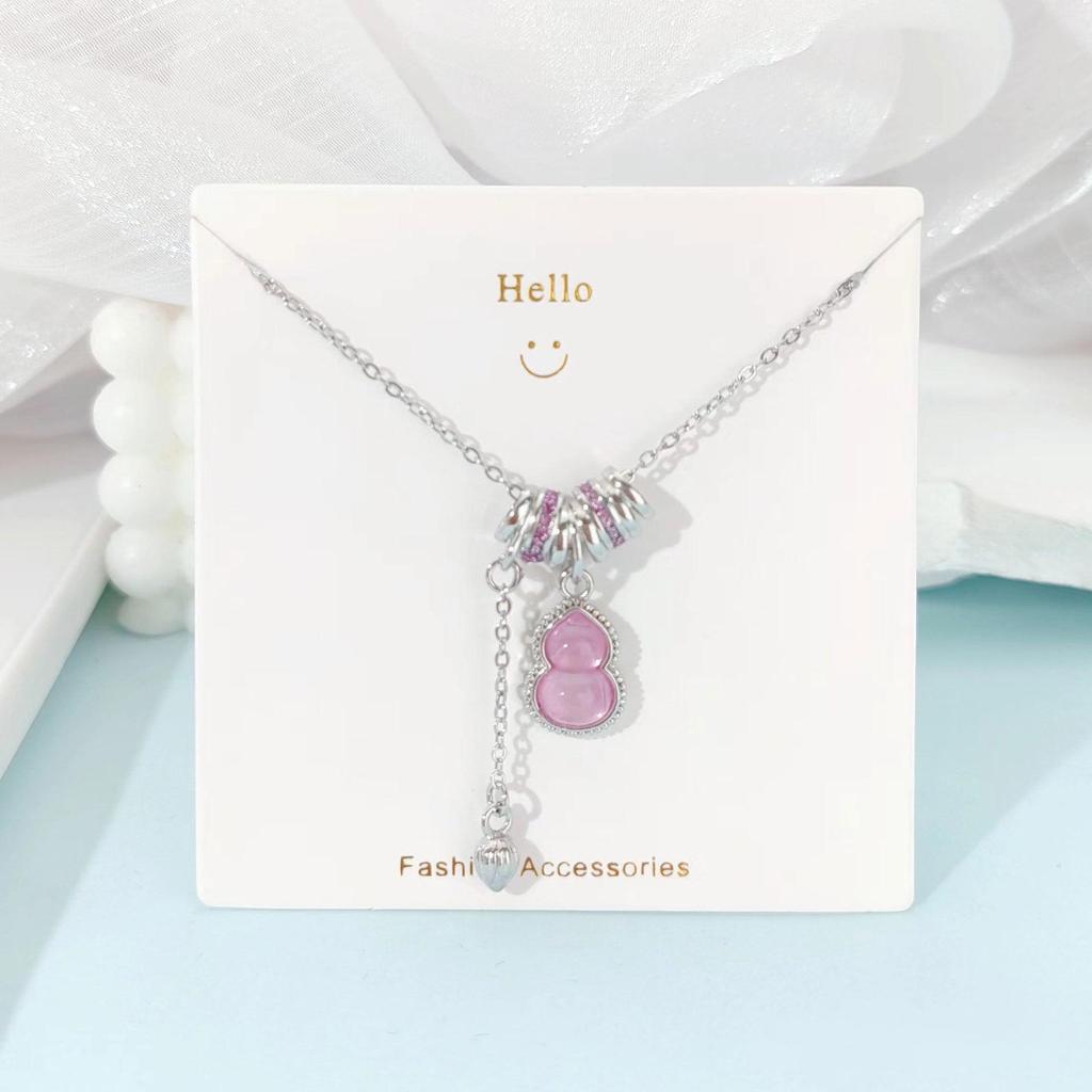 Pink Zircon Gourd Pendant Necklace with Floral Tassels - Titanium Steel Clavicle Chain for Women's Light Luxury.