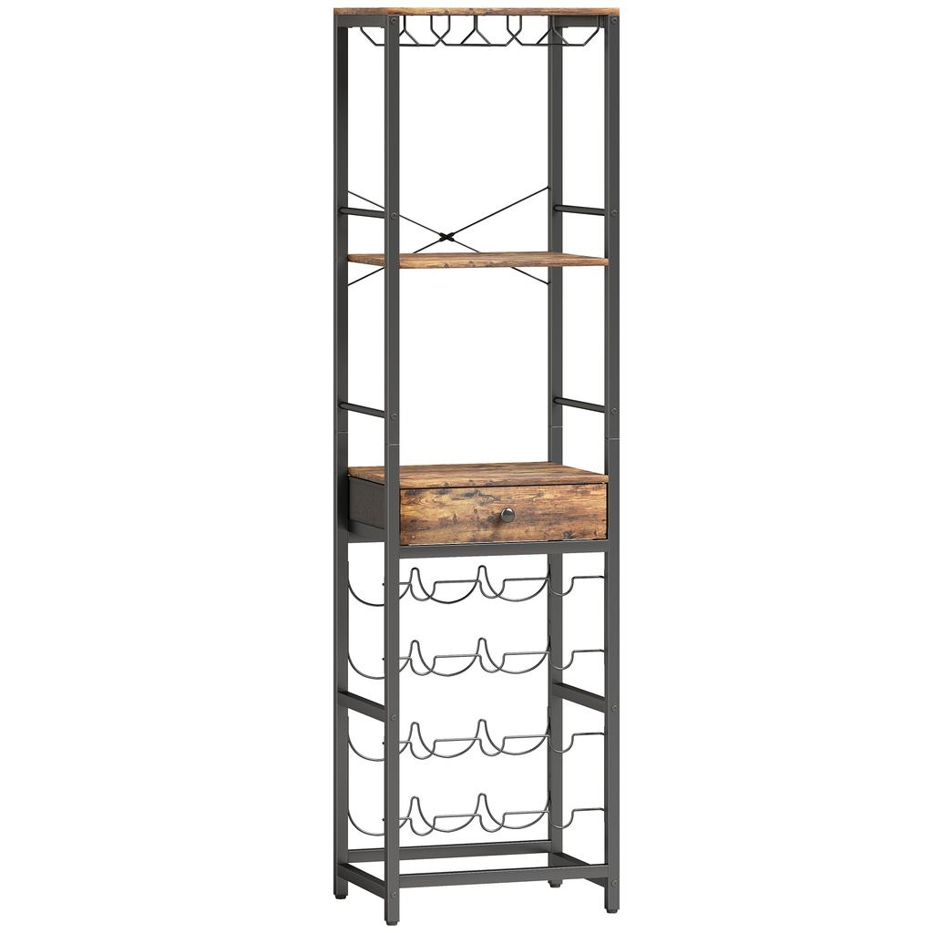 Wine Bar Cabinet with Drawer, Industrial Bar Cabinet, Wine Rack for 12 Bottles, Glass Holder, Rustic Brown