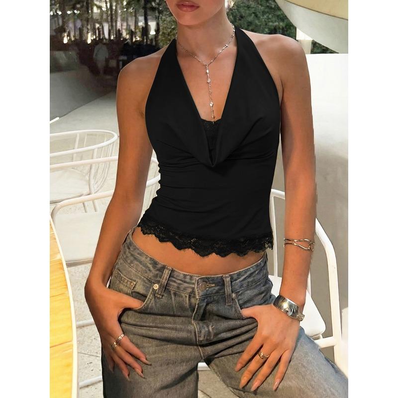 Lace Splicing Swing Neck Neck Vest Women's Winter Sexy Inner and Outer Wear Slim Lace-up Top Women