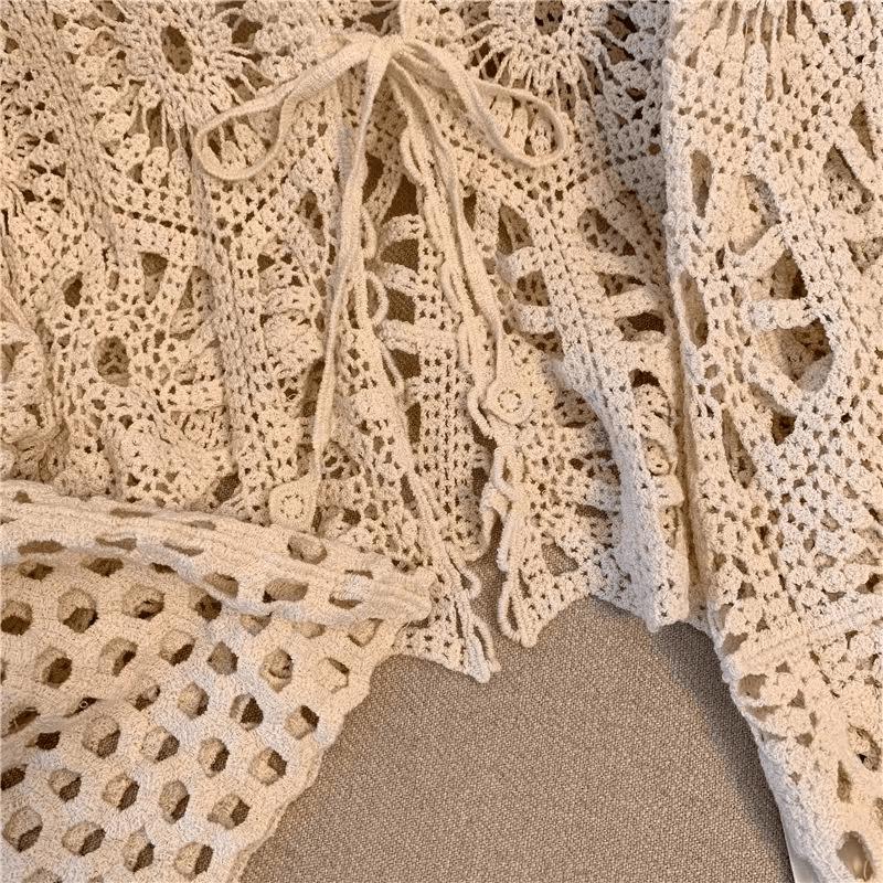 Cárdigan Chal de Ganchillo Bohemio con Cordones - Estilo Verano Resort para Mujer, Top de Manga Larga