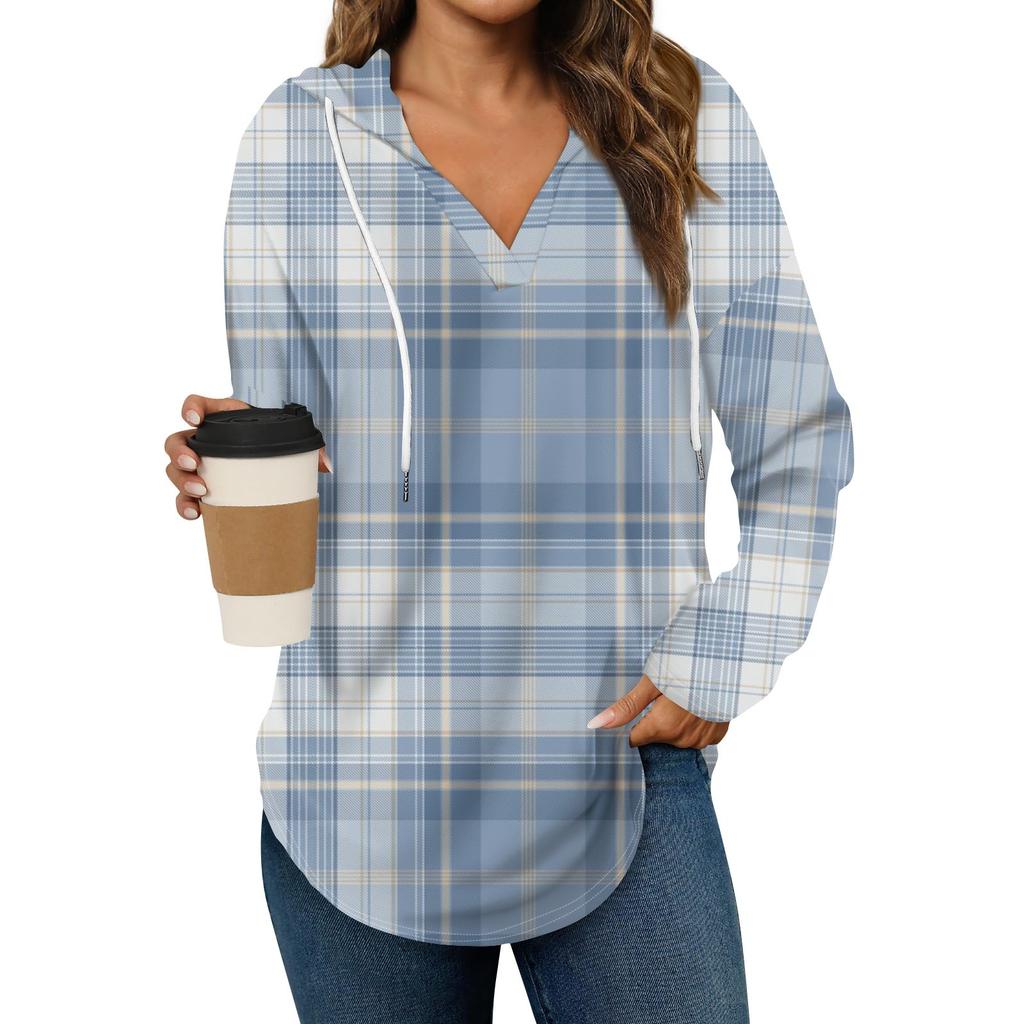 Damenmode Hoodies V-Ausschnitt Langarm Bedruckt Kordelzug Lässige Lose Pullover Tops