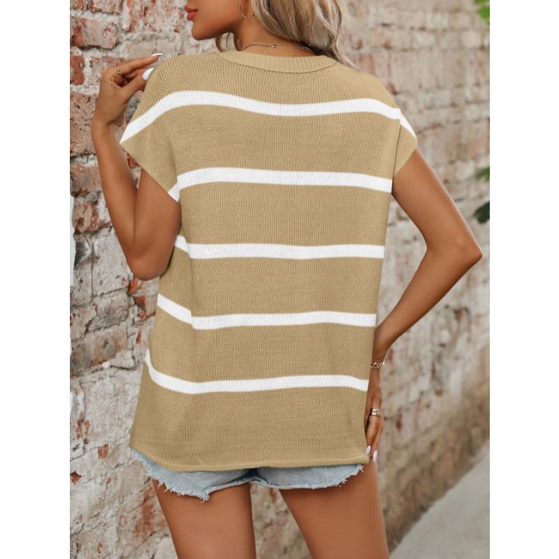 Sommer Rundhals Kurzarm Lässiger Gestreifter Strickpullover Damen Locker Einfach Büro Damen Oberteile Lässig Elegant Dünner Pullover Damenbekleidung