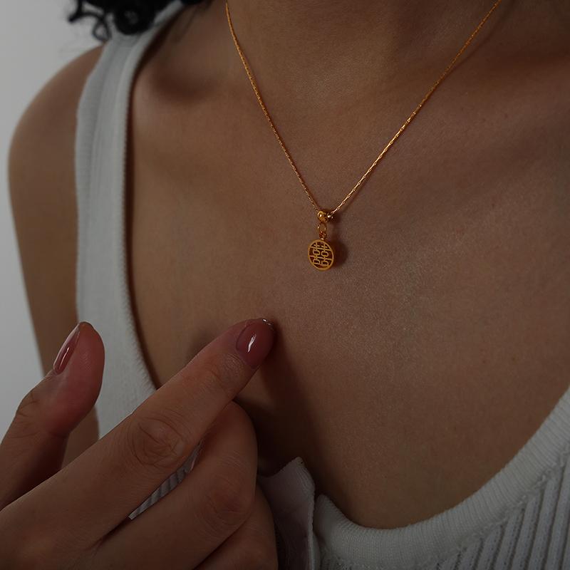 Chinese Character Pendant Necklace For Women 18k Gold Plated No Tarnish Women's Stainless Steel Chain Necklaces