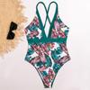 Floral Print One Piece Swimwear Deep V-Neck Women Swimsuit Cri-Cross Bathing Swimming Suit