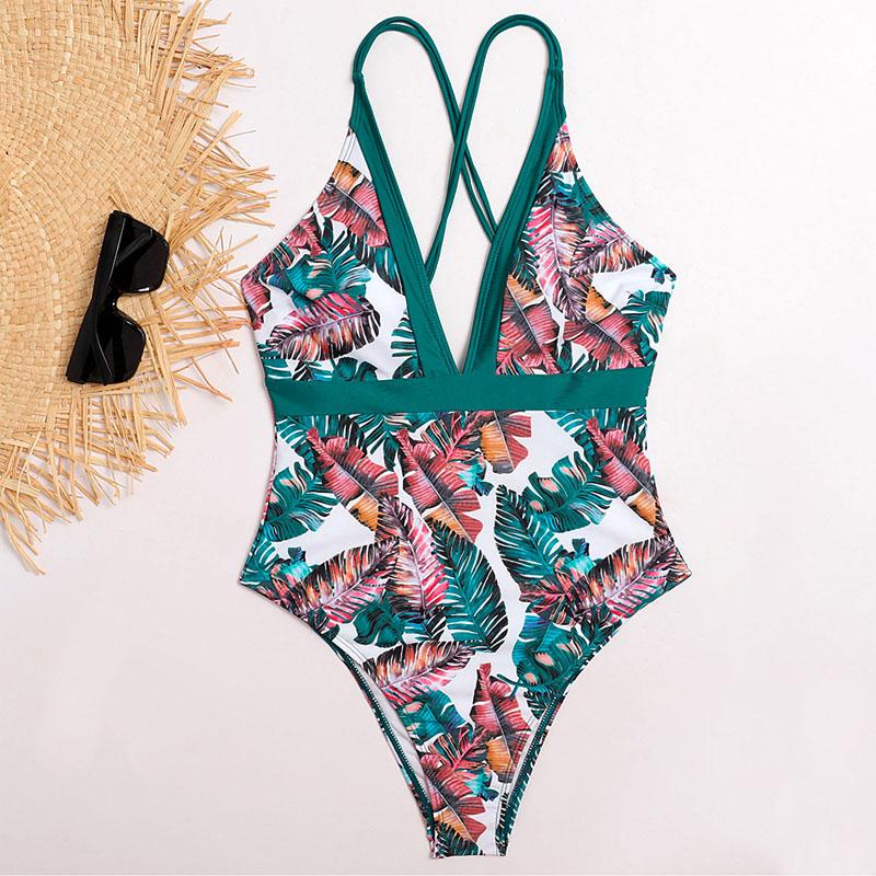 Floral Print One Piece Swimwear Deep V-Neck Women Swimsuit Cri-Cross Bathing Swimming Suit
