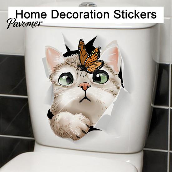 Waterproof Bathroom Sticker Cartoon Cat Butterfly Toilet Sticker, Removable Lid Decor Stickers Decorative Decal, Self-Adhesive Wall Accessories