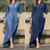 Abito da Donna con Colletto a Revers, Manica a 3/4, Due Tasche, Colore Unito, Monopetto, Maxi Abito in Denim, Abbigliamento da Donna
