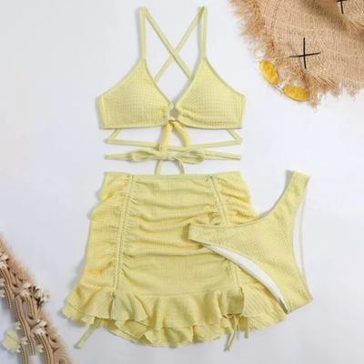 3 Adet/Takım Kadın Mayo Düz Renk Dalgalı Doku Seksi Bölünmüş Bikini Bağcıklı Volanlı Etek Bağcıklı Plaj Giysisi