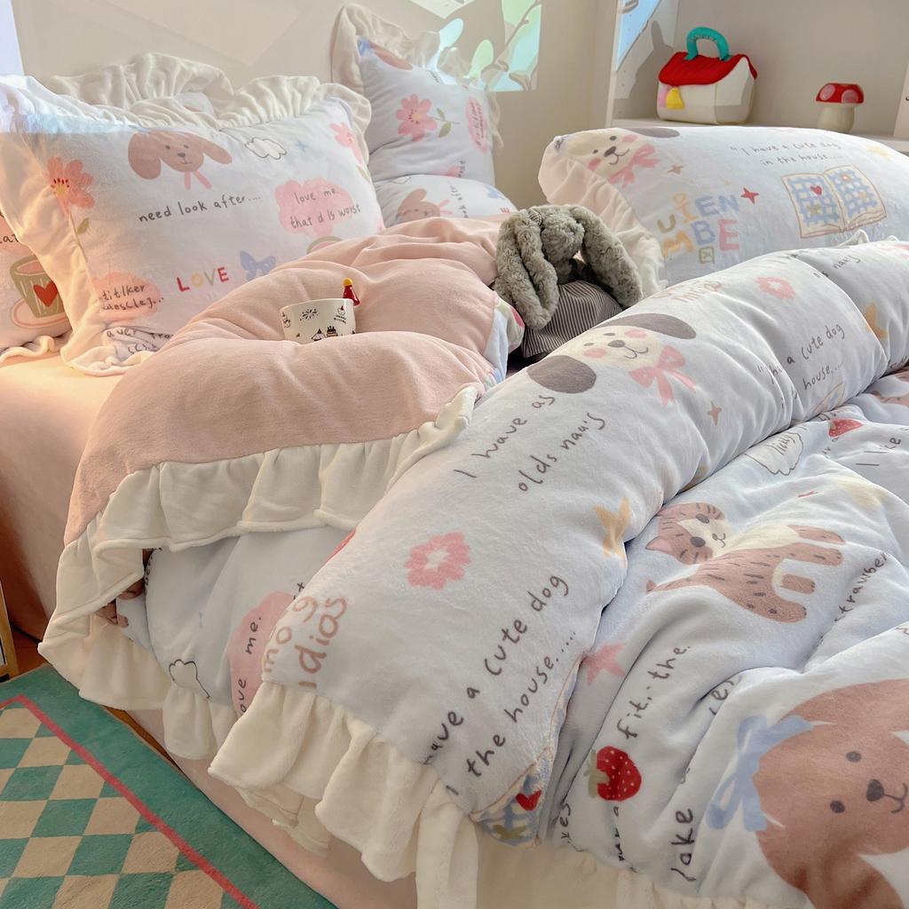 Thickened Milk Fleece Bed Four-Piece Set, Cute Lace Coral Fleece Quilt Cover, Fleece Bed Sheet Three-Piece Set