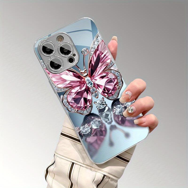 Poudre Réfléchissante Motif Papillon Verre Plaqué Électrophone Coque Pour iPhone 17 16 15 14 13 12 11 Pro Max Plus 17 Air 16E Housse