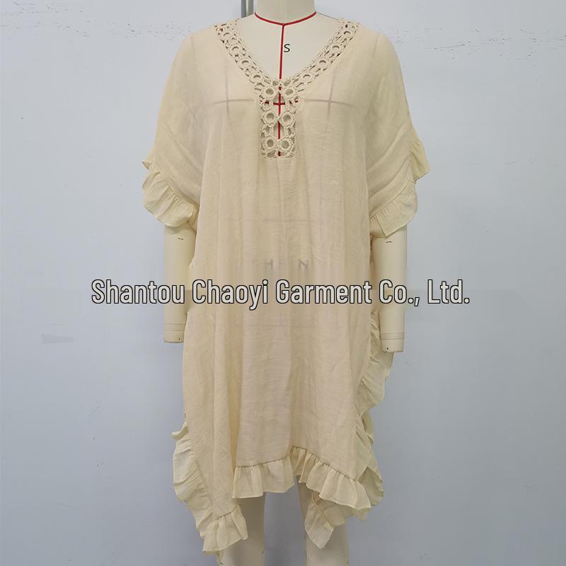 New Hollowed-Out Crochet Flower Collar Ruffle Dress: Comfortable, Loose Sun Protection Cover-Up for Seaside Vacations