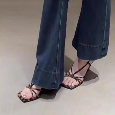 French Popular Leopard Print Sandals Women's 2025 Spring and Summer New Square Head Slope Heel Open Toe Not Tired Feet Sexy High Heels