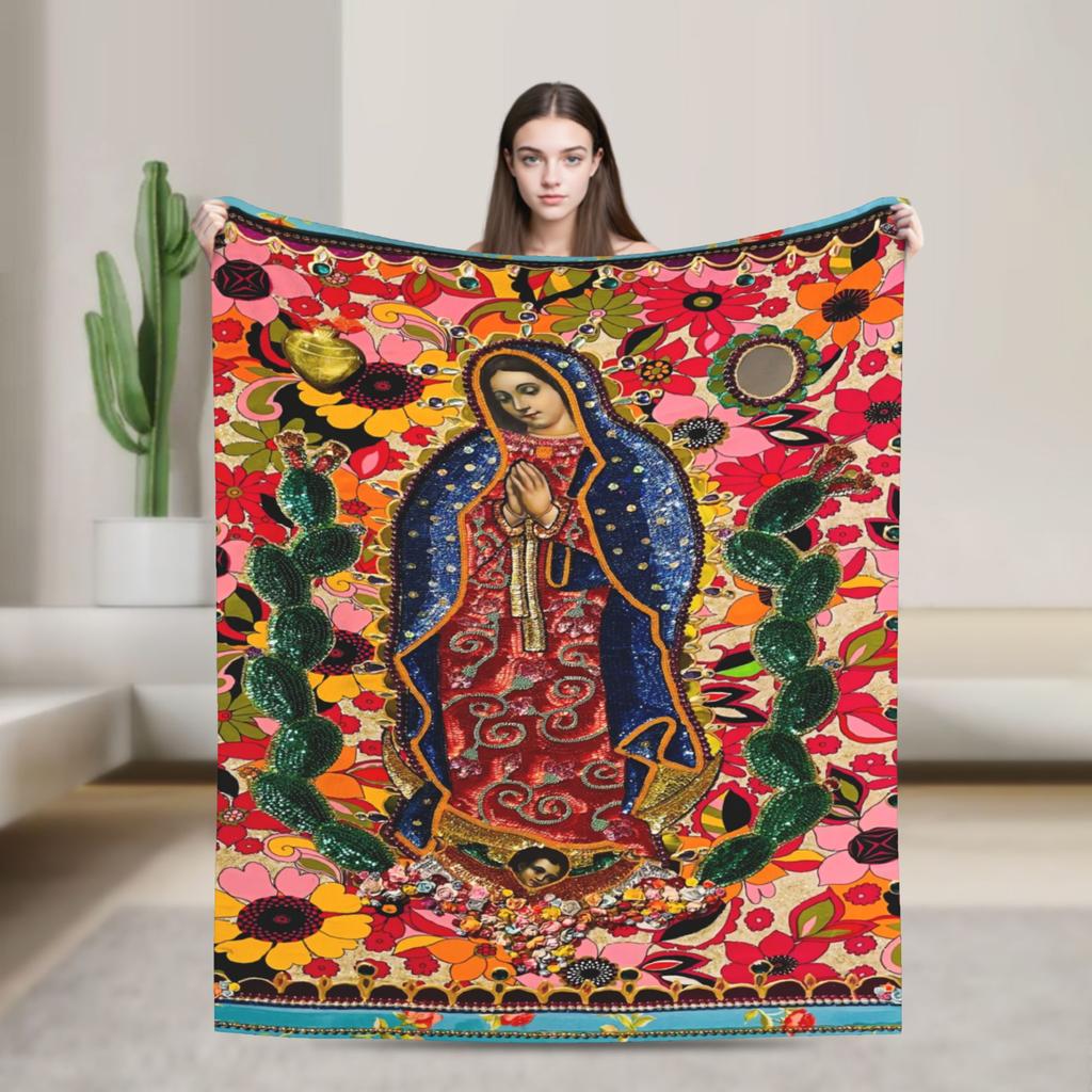 Virgin Mary Cherubs Rose Warm Soft Blanket Airplane Travel Plush Throw Blanket Couch Chair Flannel Bedspread Sofa Bed Cover