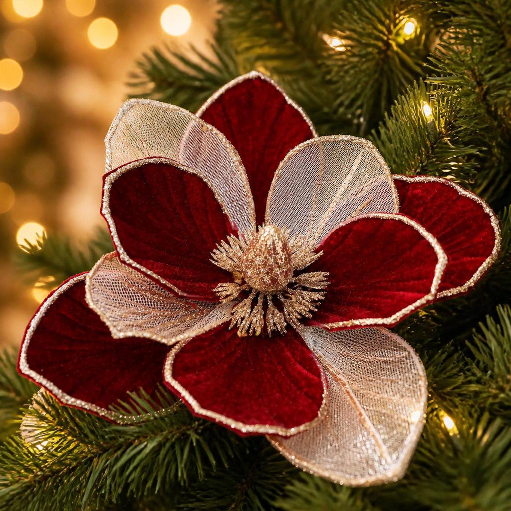 2026 New Christmas Flower Ornaments: Simulated Floral Decorations with Sequins for Christmas Tree and Scene Decor.