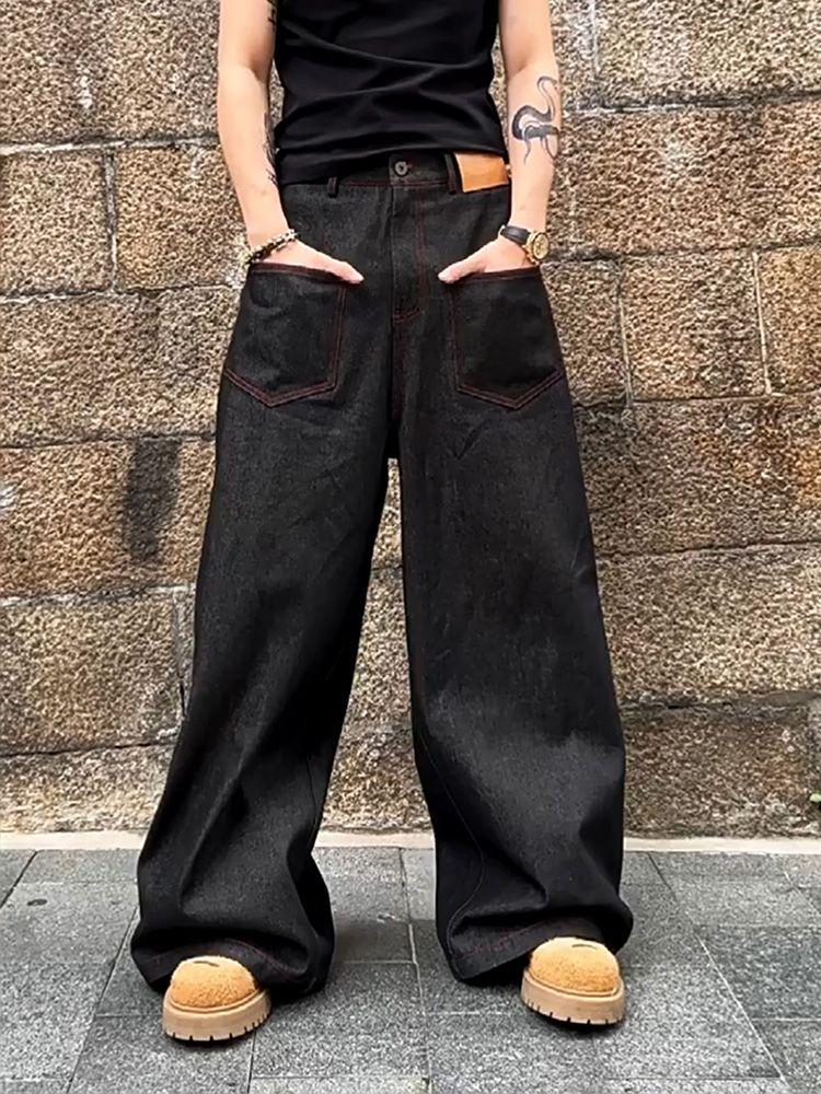 ZYLLO Americké červené Vyšívané džíny Retro Široké kalhoty k podlaze Velká velikost Těžký průmyslový design Senzorický streetový oděv