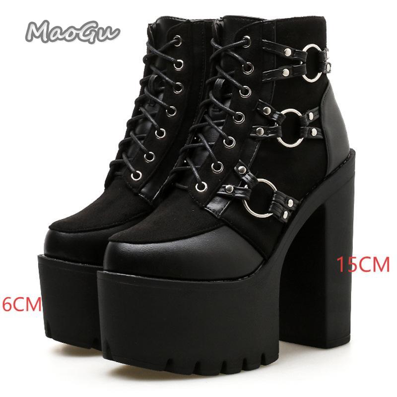 Fashion Punk Style Super High Heel Goth Boots Black Chunky Heeled Metal Decor Women's Ankle Boots Platform Botas Mujer Size35 42 Botines