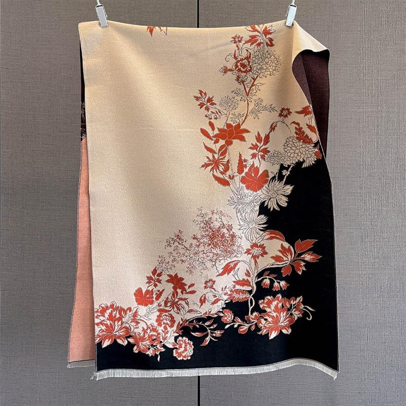 New Splicing Contrasting Plant Flower Jacquard Scarf Women's Autumn and Winter Imitation Cashmere Warm Neck Scarf Shawl