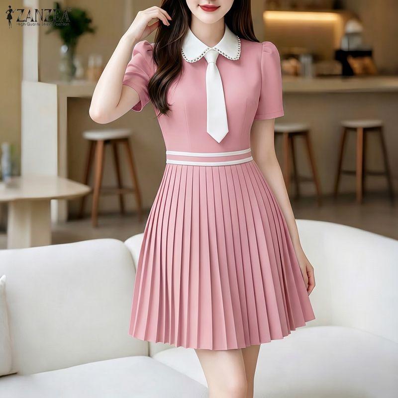 ZANZEA Women Splice Collar Casual Short Sleeve Elegant Pleated Dress
