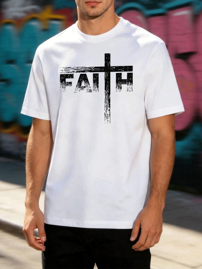Unisexs Distressed Faith Cross Christian Letter Graphic White Crew Loose Short Sleeve Soft Cotton Summer Street Daily Casual Top