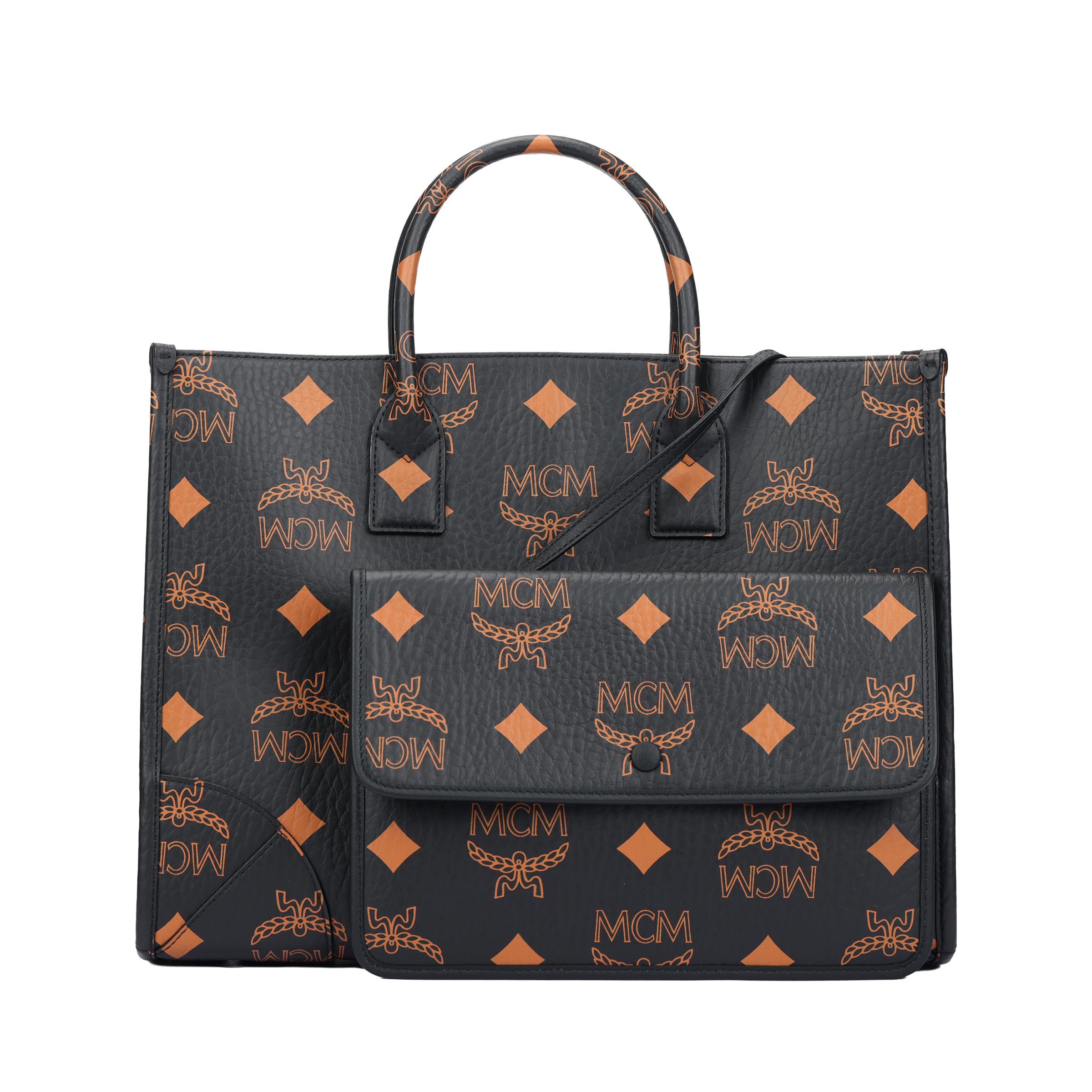Mcm Women's Black München Visetos Maxi Logo Design Napa Leather Tote Bag Large Handbags Mwtdabo02bk001