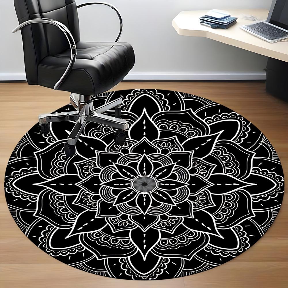 1pc Black Mandala Chair Carpet for Office, Round Non Slip Durable Large Size Office Carpet, Suitable for Office