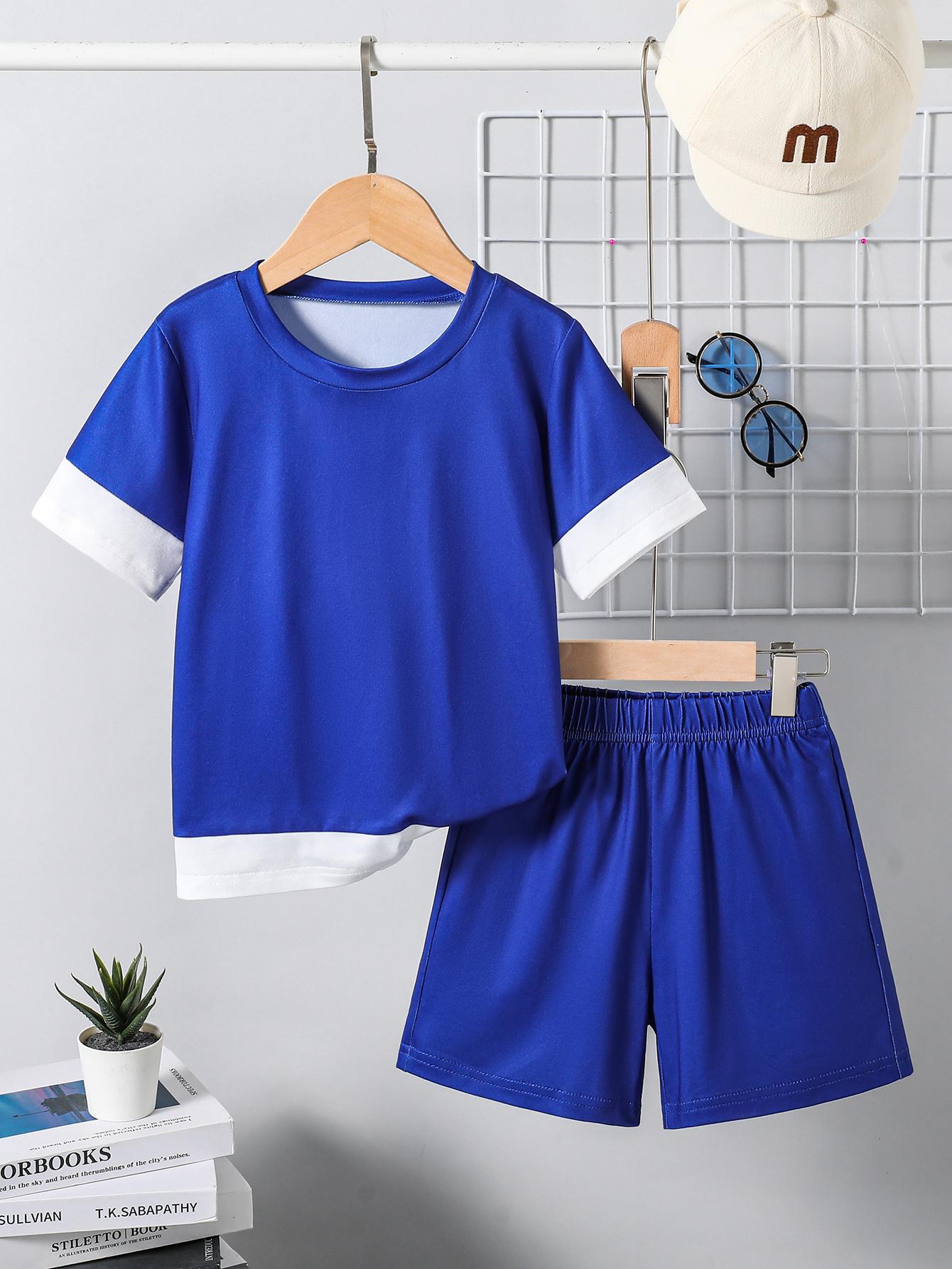 Boys  Two-Piece Set: Preppy-Style Crewneck Short-Sleeve T-Shirt (Faux-Layered Design) Paired with Matching Loose-Fit Shorts — Spring/Summer Collection 4Y синий