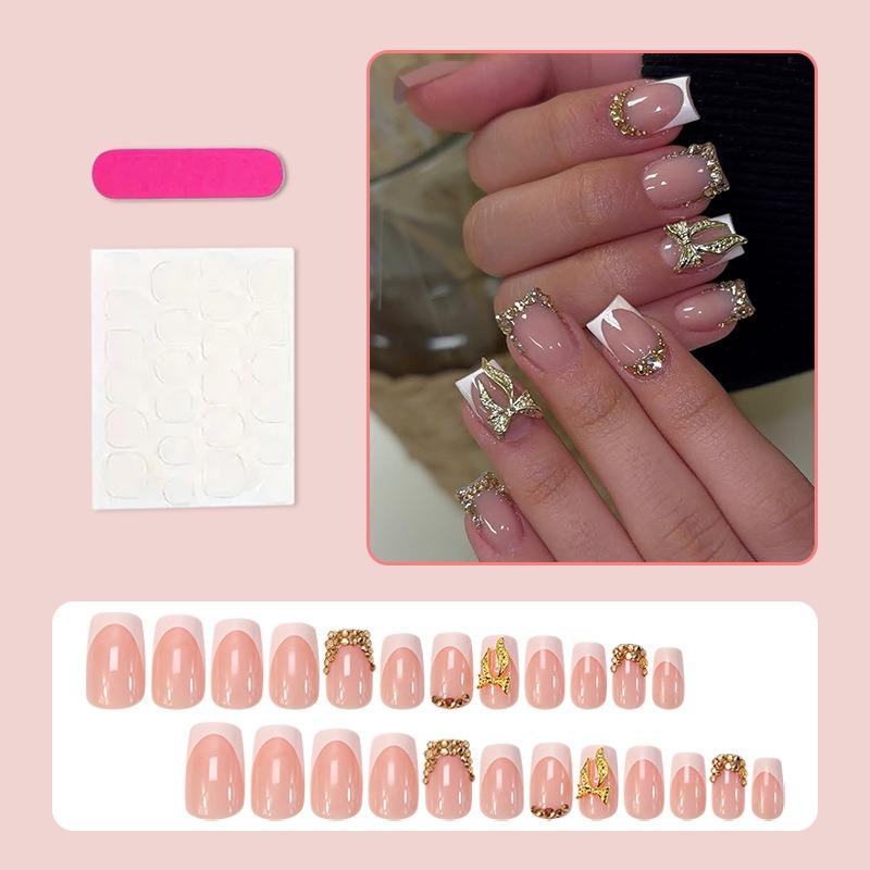 French Style Diamond Bow Fake Nails Medium Square False Nail Tips