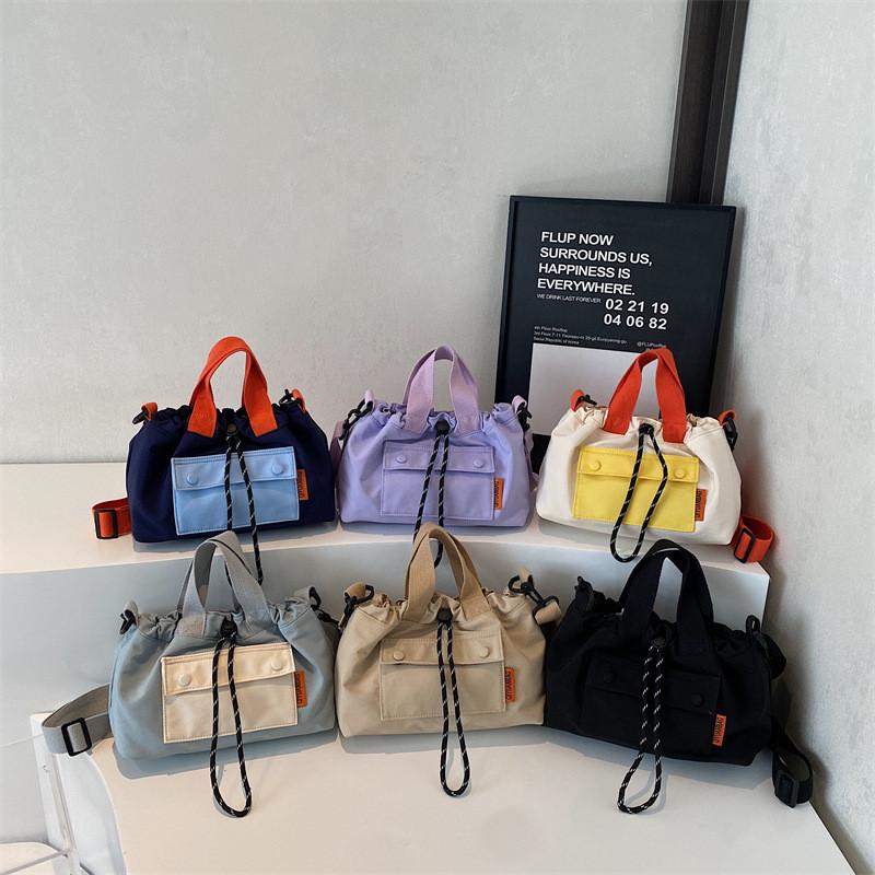 Fashion Color Blocking Design Neutral Drawstring Canvas Shoulder Crossbody Bag For Casual Girls Daily Use